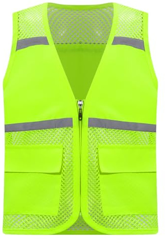 Yruioon Gilet De Sécurité Pour Enfants Veste Fluorescente Réfléchissante Avec Bandes Réfléchissantes Fermeture Éclair Et Poches Veste De Travail 5-12 Ans Vert fluorescent 11-12 ans