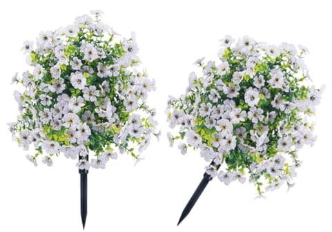 shsyue 2pcs Artificial Plants Flower with Ground Spike,Outdoor Faux Floral Topiary Flower Ball,UV Resistant Realistic Flowers for wedding,Indoor,Garden Decor,Yard,Porch,Patio-White