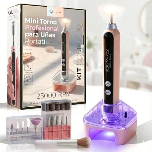 VIRELMA® Torno para Uñas Profesional Inalambrico 25000RPM – Lima Eléctrica con Luz UV, Base antideslizante y Pantalla LED | Recargable y portatil para Manicura y Pedicura en Casa o Viajes