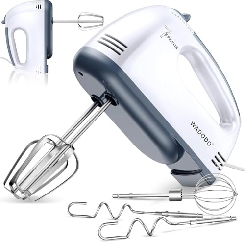 WADODO Electric Hand Mixer, 7-Speeds Small Handheld Mixer with 304 Stainless Steel Beaters, Dough Hooks & Whisk Attachment, Portable Food KitchenMixer for Baking Cake Cookies Cream, Light White