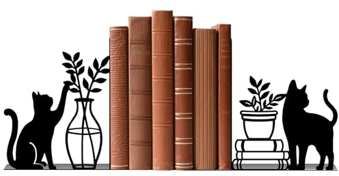 TWINKLEMON 1 Paire de Serre-Livres en métal, Serre-Livres Chat Noir et Vase pour étagères, Supports pour Livres Robustes, Organiseur de Livres Original pour Accessoires d'étagères (Chat)