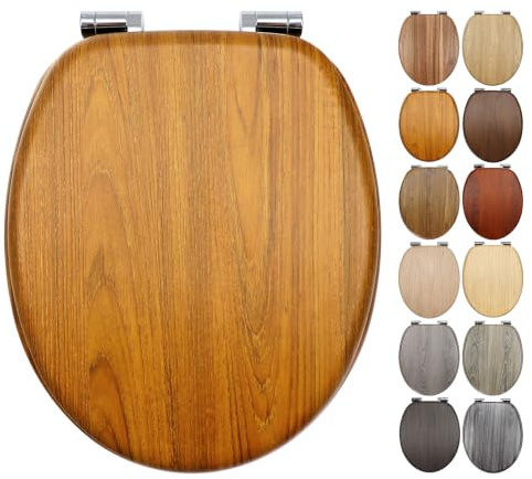 Fanmitrk WC Sitz mit Absenkautomatik, hochwertiger Toilettendeckel aus MDF Holz, Einfache Montage Stabiler Klodeckel, Toilettensitz passend für Standard-O-Form-WC (Royal Eiche-Optik)