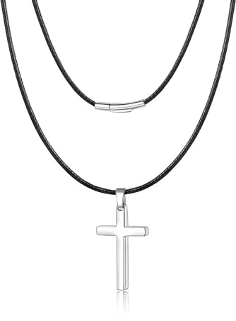 MOJOROUS 2mm Boy Leather Braided Rope Chain Waterproof Cross Chain for Boys Stainless Steel Cross Pendant Necklace Christian Confirmation Baptism Easter Gifts