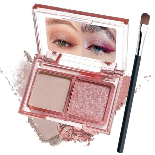 Double-Tone Eyeshadow Palette with Mirror - Matte Beige & Shimmer Rose Gold, Blending Brush for Natural to Glam Makeup Looks, High- Long-Lasting Formula, Portable Compact Design