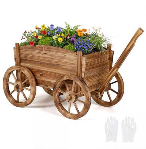 HAPPYGRILL Wood Wagon Wheelbarrow Planter, Outdoor Rolling Garden Planter Cart with 4 Wheels, Drainage Hole & Adjustable Handle, Decorative Wagon Flower Pot Stand for Home, Backyard, Patio(1)