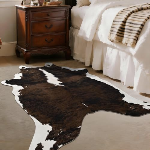 BENRON Small Faux Cowhide Rug, Cow Print Rug for Kitchen Hallyway 2.9X 3.9 | Western cow hide rug for Home Decor, Washable Rugs with Irregular Animal Skins and Hides, Non Slip, Brown