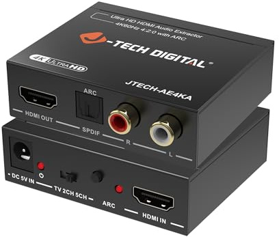J-Tech Digital Estrattore audio HDMI 4K a 60Hz con ARC, convertitore da HDMI a RCA e ottico, supporto Dolby Digital/DTS Stereo per TV, console di gioco, Blu-ray, laptop [JTECH-AE4KA]