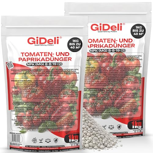 GiDeli Tomatendünger 2 x 1 kg - Granulat 8-8-19 Für Tomaten & Paprika | Kali für kräftige Früchte, chloridarm, Gemüsedünger für zwei Standorte, getrennt verschlossen