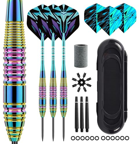 WinRoot 3 Darts 23g Steel-Dartpfeile Set, Regenbogen-Farbverlauf, Gehärtete Stahlspitze, mit Flights, Schäften und Zubehör