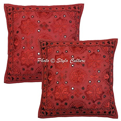 Stylo Culture Ethnico Fundas Almohadones Decorativa 40x40 cm Algodón Espejado Fundas De Cojines Silla Granate 16x16 Inch Bordado Cuadrado sobre Fundas para Cojines Cama - 2 Pcs
