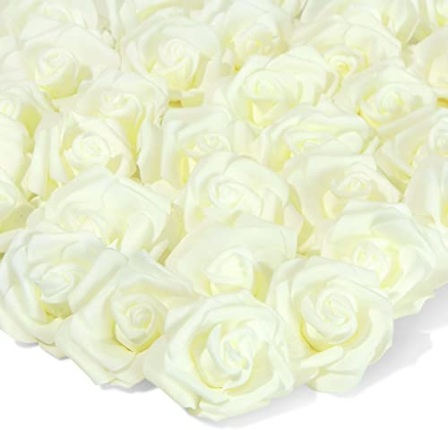 Juvale Artificial Flower Heads, 100 Pack Ivory Rose Flower Heads Made of Polyester, 7.6 cm