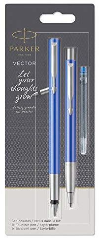 Parker Vector Fountain Pen and Ballpoint Pen Set - Blue with Chrome Trim, Blue Ink