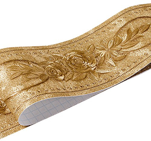 UPREDO 3D Decorative Floral Molding Waterproof Wallpaper Border Peel and Stick for Bathroom Kitchen Counter Top Backsplash Tiles Sticker,4 Inch by 16.4Ft (Gold)