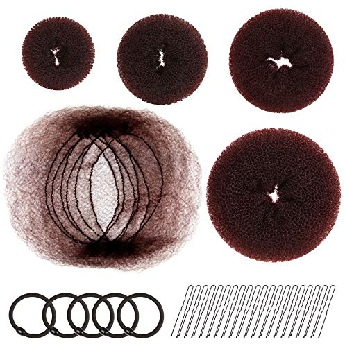 FANDAMEI 4pcs Hair Donut Bun Maker with 20 Pieces Invisible Hair Nets for Bun, Donut Bun Maker Girls Hair Styling kit, 5 pieces Hair Elastic Bands, 20 pieces Hair Bobby Pin, Brown