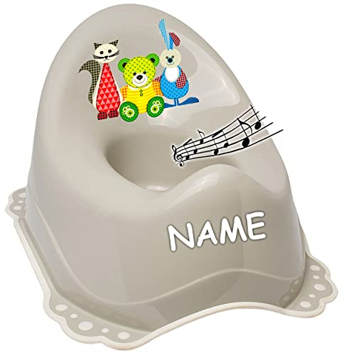 alles-meine.de GmbH Musik & Sound - Anti RUTSCH - Töpfchen/Nachttopf/Babytopf - hell grau Tiere - Teddy - Katze - Hase inkl. Name - Bieco - Melody - mit großer Lehne + Sp..