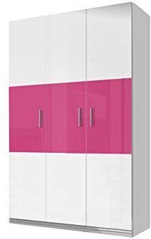 Drehtürenschrank Epexi EX07, Garderobenschrank, Kleiderschrank, Elegantes Schrank für Kinderzimmer, Jugendzimmer, oder Schlafzimmer (Weiß/Weiß Hochglanz + Rosa Hochglanz)