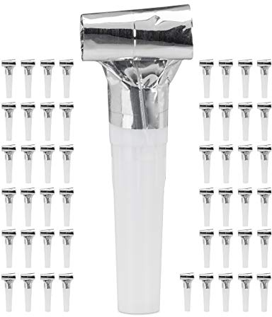 Relaxdays 50x Trombette da Festa, Set di Fischietti per Bambini, Compleanno, Carnevale, Party-Kit, Carta, Argento