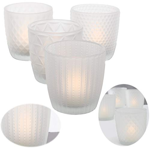 LS-LebenStil 4X Glas Teelichthalter Retro Weiß Frosted 7cm 4´er Set Kristall Ornament Teelicht-Gläser Windlicht-Halter Kerzenständer Tischdeko Kerzen Deko Kerzenhalter für Teelichter Hochzeit