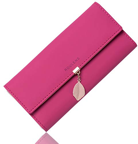 Roulens Geldbörse für Damen, Geldbörse aus Kunstleder mit RFID-Blockierung, Geldbörse mit Druckknöpfen in Blattform, A/Rosa/Rot-L, Lang, Exquisit