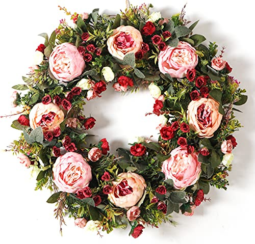 Pfingstrosen-Frühlingskranz – 61 cm handgefertigter rosa künstlicher Blumenkranz für Haustür, Wand, Fenster, Dekoration (groß)