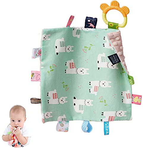 HECCEI Baby Tags Security Blankets - Baby Soothing Plush Blanket with Colorful Tags, Square Sensory Taggy, 10 x 10 inches, for 3-12 Months Babies
