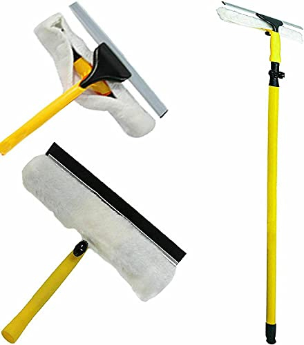 Extendable Window Cleaning Kit 3.5m Telescopic Glass Wash Dirt & Dust Cleaner Kit Heavy Duty Strong Head Removable Squeegee Pole Wiper Conservatory Brush Outdoor Ceiling Fan Duster & Cleaner