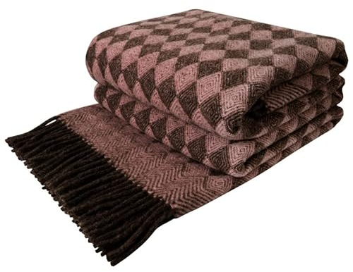 LYHome Manta Lana 100% - Plaid de Lana de Oveja para Sofa Cama, Colcha Cubre Decorativa, Mantas Sofas, Blanket Invierno Verano Grande para Viaje (140 x 200 cm | Marrón con Rosa Pálido Rombos Nórdico)