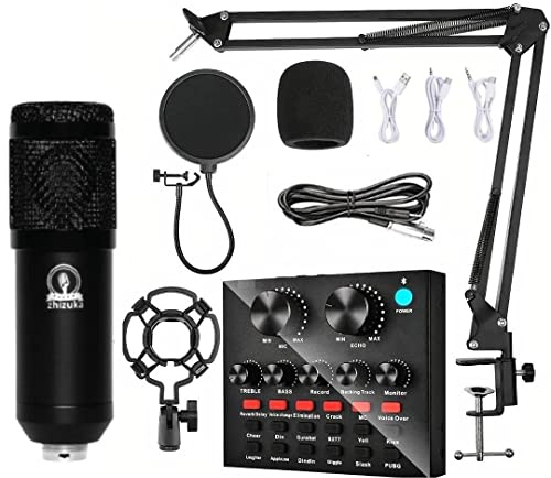 ZHIZUKA Condenser Microphone Set V8 Sound Card Mixer Amplifier Voice Changer Audio Interface | Singing Smule Live Streaming Podcast Broadcasting (3.5mm Mic + Sound Card, Black)
