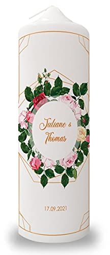 GRAVURZEILE Bedruckte Kerze - Rosen Design - Personalisiert mit Namen, Datum & Wunschtext - Geschenk für Paare zur Hochzeit zum Valentinstag - Hochwertige Stumpenkerze Weiß 250/80 mm