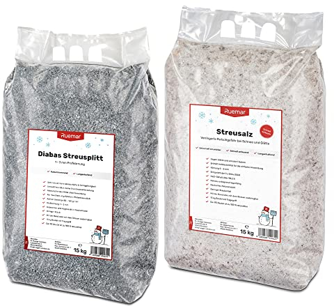 Streusplitt und Streusalz je 15 kg Sack Salz Effektiv und Schnell - Streugranulat als Streusalz Ersatz Umweltfreundlich
