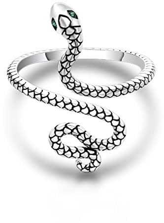 Qings Retro Schlangenring 925 Sterling Silber Damen Verstellbar Offen | Oxidierte Oberfläche mit Grünen Zirkonia Augen für Party Alltag und Besondere Anlässe als Stilvolles Geschenk