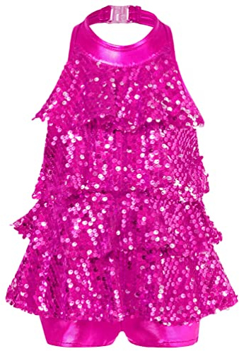 inhzoy Vestito Pattinaggio Artistico Bambina con Paillettes Leotard Vestito Danza Moderna Jazz Tutu Balletto Dancewear Abiti da Ballo Latino Costume Ballerina Samba Rosa Rosso 10 Anni