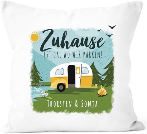 SpecialMe® Kissen-Bezug personalisiert mit Namen Zuhause ist da wo wir parken Wohnwagen Camping Geschenke Weiss Standard