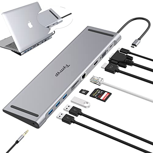 USB C Docking Station, Tymyp Hub USB C 10 en 1 Estación de Acoplamiento para Computadora Portátil con LAN RJ45, 3 *Puerto 5Gbps USB 3.0, 4K HDMI, VGA, 100W PD Puerto, TF/SD Tarjetas, 3.5mm