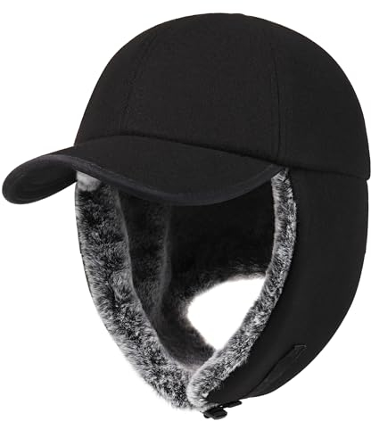 PivotWing Wintermütze Herren Winter Basecap mit Ohrenklappen Herren Damen Fellmütze Mütze mit Ohrenschutz Ohren Warme Fliegermütze Winter Baseball Cap Ushanka Russische, Schwarz