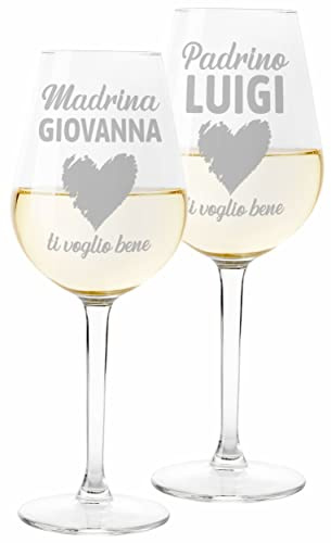 Colorfamily Coppia Calici Personalizzati Set da 2 calici Vino Ti voglio bene Padrino Madrina Personalizzabili con Nome Natale Compleanno Matrimonio Fidanzamento - Bicchiere in Vetro 500 ml