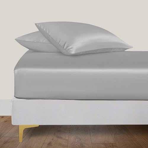 LINENWALAS King Fitted Sheet with Pillowcases, 100% Organic Bamboo Silk Fitted Sheet for Kingsize Bed, Up to 16 Inch (40 cm) Deep Pocket, Soft, Cooling, Bedding Fitted Sheet (King, Light Grey)