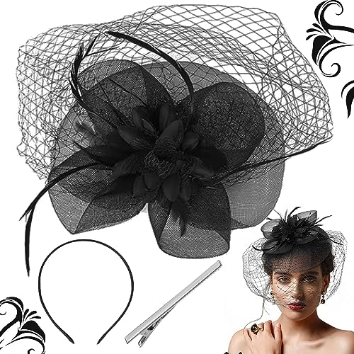 Damen Elegante Feder Haarclip Hut, Mesh-Tee-Party-Stirnband, Fascinatoren für Mädchen-Teeparty-Hüte, Fascinator-Hut für Frauen Schwarze Feder, Geeignet für Jockey Club, Hochzeit Im Partysaal (Schwarz)