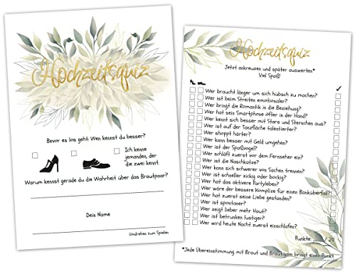 PICTALOO Hochzeitsquiz Braut oder Bräutigam, Hochzeitsspiel für Gäste zum Kennenlernen, 20 witzige Fragen zum Brautpaar für Lacher und Gespräche, Hochzeitsbingo, Karten Hochzeit, Hochzeitsgeschenk