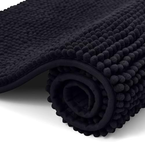 OLANLY Chenille Badematte rutschfest Badezimmerteppich, 50x80 cm | Waschbar Badteppich Badvorleger Saugfähige Duschvorleger Badezimmer Deko, Schwarz