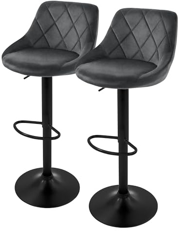 ML-Design Set 2X Taburetes de Bar de Terciopelo Gris, Sillas de Mostrador Giratorias 360° Tapizadas con Altura Regulable 62-82cm, Asiento de Bistro para Comedor, Salón, Sala de Estar o Restaurante