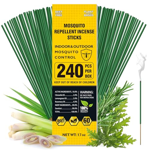 BugBai® Mosquito Repellent Outdoor Patio, 240 PCS Natural Plant-Based Citronella Oil Incense Sticks Indoor Home Pet Family Safe, DEET Free Bug Insect Control Repellent for Yard Garden Camping Fishing