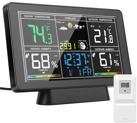 Mulcort Station météo Thermomètre sans fil intérieur/extérieur Moniteur de température et d'humidité Écran couleur de 7,5 pouces avec horloge atomique et rétroéclairage réglable Horloge de prévision