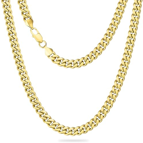 KRKC&CO Männer Halskette, 9mm Herren Edelstahl Panzerkette mit Diamantschliff, 14K Gold Vergoldet Cuban Link Chains Goldkette, Nickelfrei Halskette, Geschenke für Männer Jungen, [Länge 66cm]