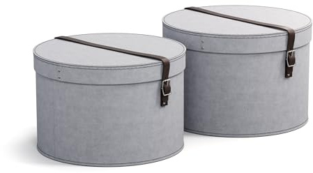 Bigso Box of Sweden Set de 2 Boîtes à Rangement Avec Couvercle – Boîtes Rondes Avec Lanières en Cuir – Petite et Grande Boîtes à Chapeau en Panneau de Fibres et Papier Effet Lin – Gris Clair