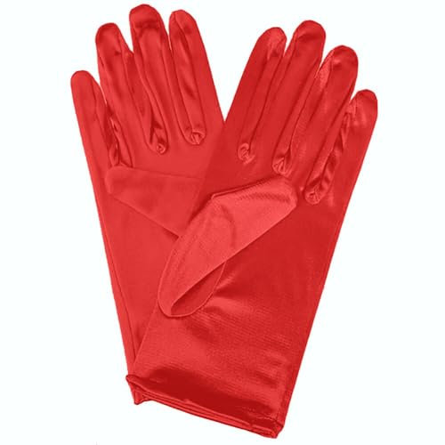 Asudaro Satin Braut Hochzeit Handschuhe Kurze Satinhandschuhe Abendhandschuhe Volle Finger Brauthandschuhe Hochzeitskleid Handschuhe für Braut Hochzeit Oper Event Party Kleid Zubehör Rot