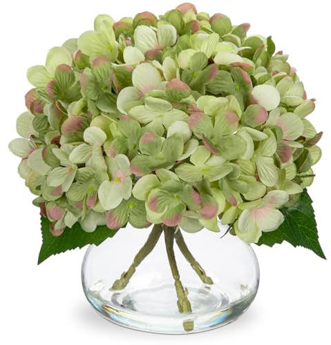 Oairse Hydrangea Artificial Flowers Glass Vase Green Silk Faux Flowers Arrangements in Vase with Faux Water Fake Floral Bulk Bouquet for Home Decor Wedding Table Centerpiece Decorations
