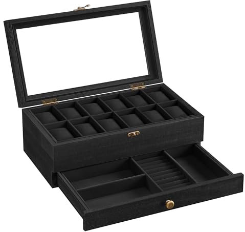 SONGMICS Caja de Relojes con 12 Ranuras, Navidad, Estuche de Relojes de Madera de 2 Niveles con Tapa de Cristal, Almohadillas, Forro de Terciopelo, Regalo de Seres Queridos, Negro Tinta JOW012B02