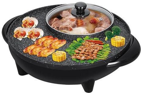 TVSKWMRQ Piastra per Barbecue elettrica 2 in 1, Piastra per Barbecue Multifunzionale, pentola per Barbecue Interna a Temperatura Regolabile con Coperchio in Vetro, griglia Teppanyaki per