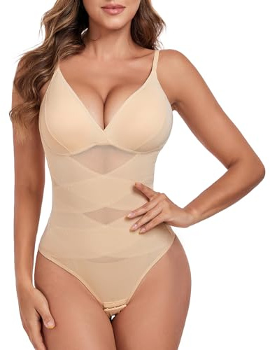 Tuopuda Body Contenitivo Modellante Donna, Bodysuit Shaper Perizoma Guaina Contenitiva Shapewear Intimo Snellente Pancia Piatta Dimagrante Shaping con Reggiseno Sheer Mesh Fajas, Beige, S